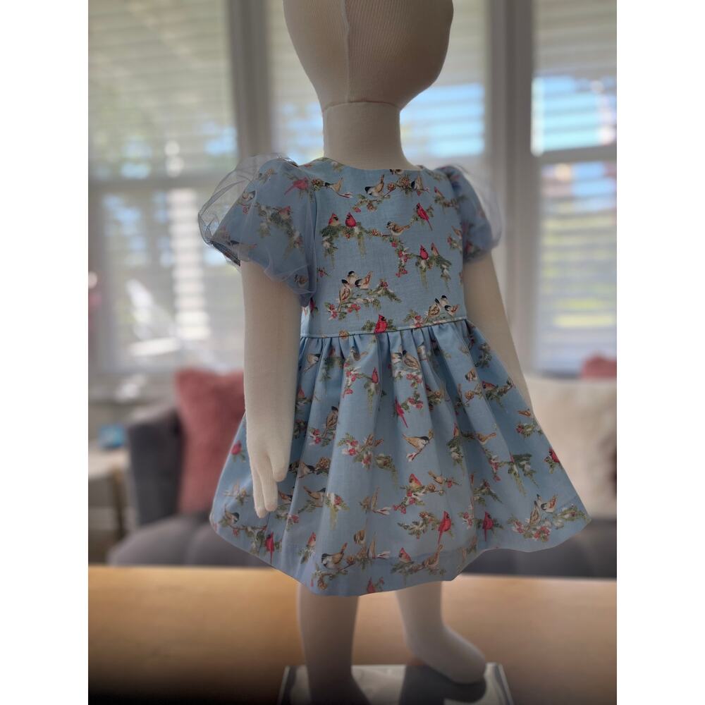Myrtle Pattern Baby Girl Chiffon and Cotton Puff Sleeved Dress Baby Blue Birds